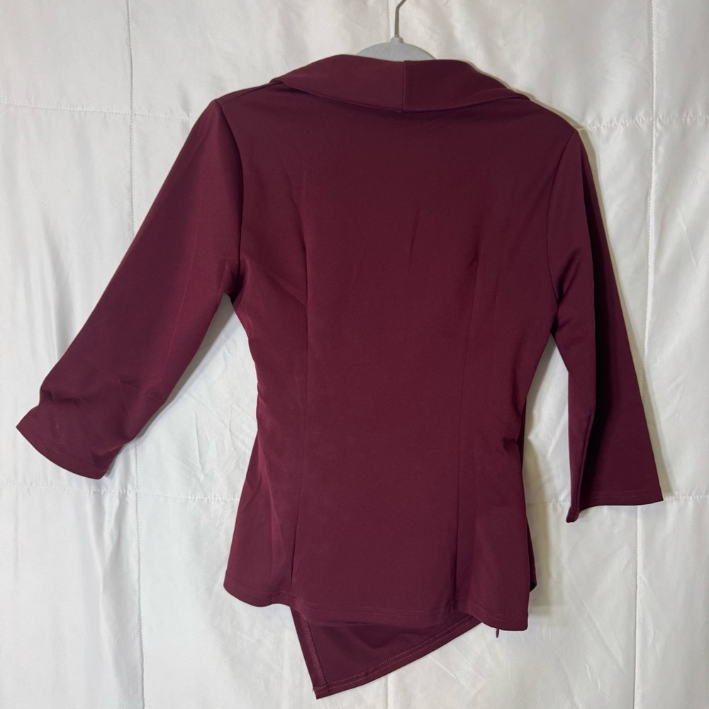Grace Karin Burgundy Wrap Style Top Size M 3/4 Sleeve‎ Asymmetrical Hem - Picture 4 of 10